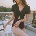Two-tone Tie-back Short-sleeve Swimsuit