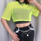 Elbow-sleeve Mesh Cropped Top