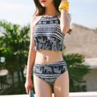 Set: Patterned Tankini + Lace Cover Top + Shorts