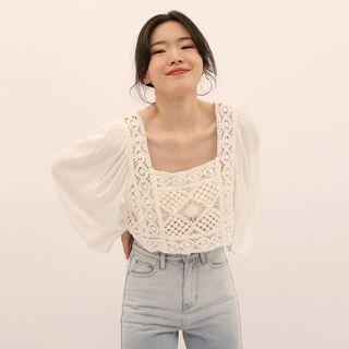 Long-sleeve Lace Panel Crop Top Off-white - One Size