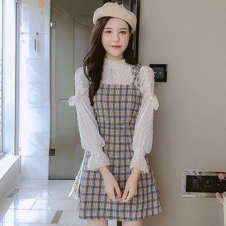 Set: Spaghetti Strap Plaid Mini A-line Dress + Blouse