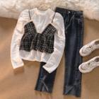 Long-sleeve Lace Top / Plaid Camisole Top / High Waist Jeans