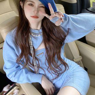 Long-sleeve Shrug / Spaghetti Strap Knit Dress