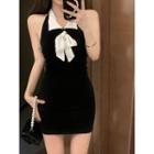 Bow-accent Two-tone Slim-fit Halter Dress Black & White - One Size