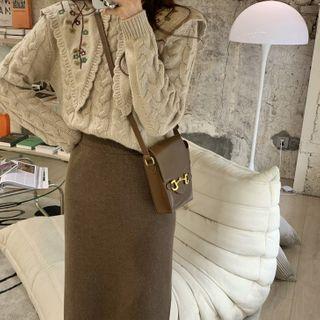 Floral Embroidery Knit Blouse / Midi Skirt