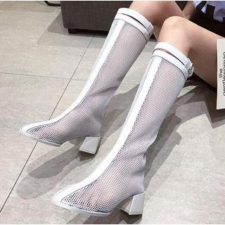 Pointed Mesh Panel Block Heel Knee-high Boots