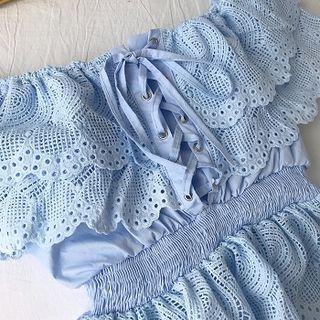 Perforated Scallop Trim Off Shoulder Short Sleeve Blouse