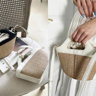 Leather-trim Raffia Tote Bag