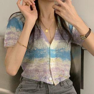 Short-sleeve Tie Dye Cropped Cardigan Purple & Blue & Yellow - One Size