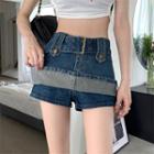 High-waist Mock Two-piece A-line Denim Mini Skirt