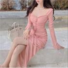 Long-sleeve Floral-accent Slit Midi Sheath Dress
