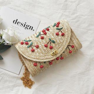 Cherry Applique Straw Crossbody Bag