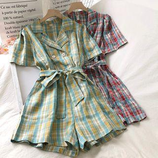 Plaid Tie-waist Short-sleeve Playsuit