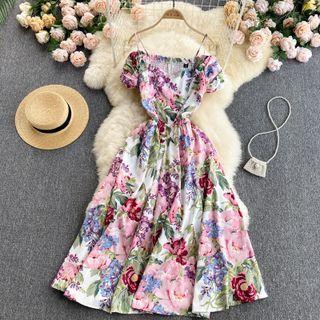 Off-shoulder Print Spaghetti-strap Dress