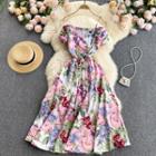 Off-shoulder Print Spaghetti-strap Dress
