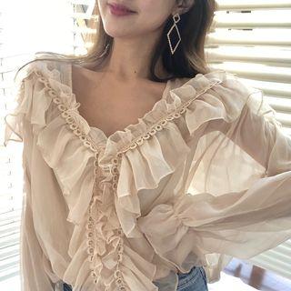Plain Frilled Long-sleeve Chiffon Top Almond - One Size
