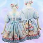 Printed Short-sleeve A-line Dress / Bow Headband