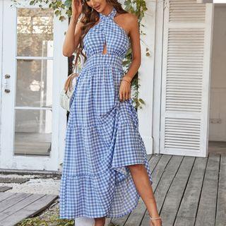 Halter-neck Keyhole Gingham Midi A-line Dress