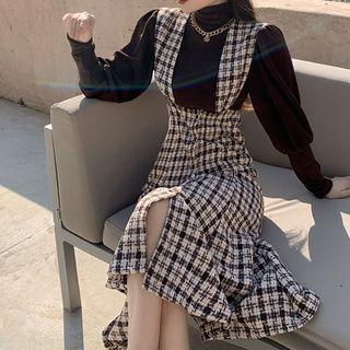 Lantern-sleeve Top / Plaid Slit Overall Dress