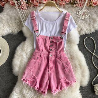 Set: Plain Short Sleeve Crop Top+pink Denim Jumpsuit