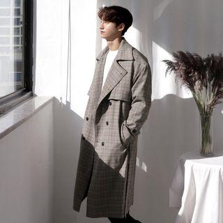 Glen-plaid Long Trench Coat