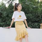 Set: Fruit Embroidered Short-sleeve T-shirt + Ruffle Hem Plaid Midi A-line Skirt
