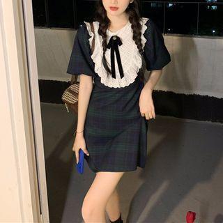 Short-sleeve Lace Panel Plaid Mini Sheath Dress
