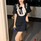 Short-sleeve Lace Panel Plaid Mini Sheath Dress