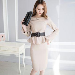 Set: Plain Long Sleeve Peplum Top + Plain Pencil Skirt + Belt