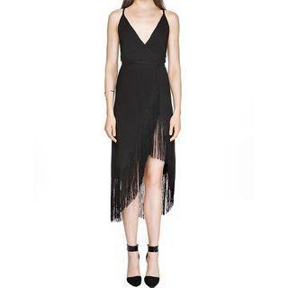 Strappy Fringe Hem Slit Midi Dress