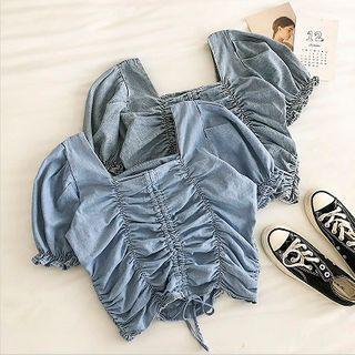 Plain Square-neck Frilled Drawcord Denim Top