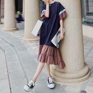 Elbow-sleeve Cold Block Ruffle Hem T-shirt Dress