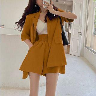 Set: Details Paded-shoulder Light Blazer + Wide-leg Dress Shorts