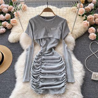 Set Of 2: Round-neck Cutout Long-sleeve Top + Ruched Spaghetti-strap Dress