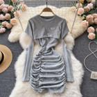 Set Of 2: Round-neck Cutout Long-sleeve Top + Ruched Spaghetti-strap Dress