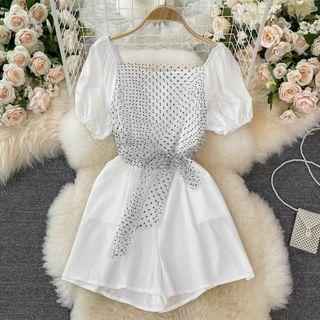 Puff-sleeve Dotted Mesh Panel Romper