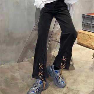 Embroidered Lace-up Wide Leg Jeans
