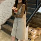 Semi Turtle-neck Plain Skinny Long-sleeve Top / Single-breasted Dress