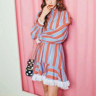 Lace Panel Band Collar Stripe Shirt Dress Blue - One Size