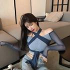 Mesh Panel Cold-shoulder Long-sleeve T-shirt Blue - One Size