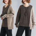 Panel Round-neck Knit Sweater Coffee - L