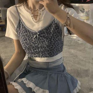 Short-sleeve Lace Trim Cropped T-shirt / Bow Accent Leopard Printed Camisole Top