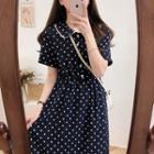Dotted Short-sleeve Collared A-line Midi Dress