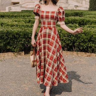 Puff-sleeve Frill Trim Plaid Midi A-line Dress