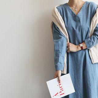 V-neck Denim Long Dress