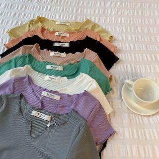 V-neck Plain Shirred Cropped Short-sleeve Top