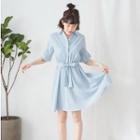 Striped Short-sleeve Shirt Dress Blue - One Size