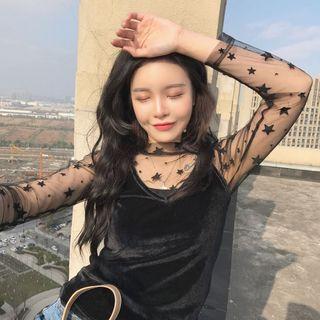 Set: Star Print Long Sleeve Mesh Top + Velvet Camisole Top