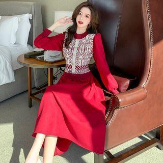 Lantern-sleeve Print Panel Knit Midi A-line Dress