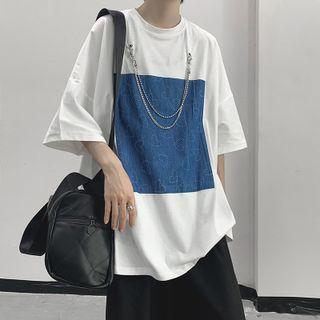 Elbow-sleeve Chained Heart Print T-shirt